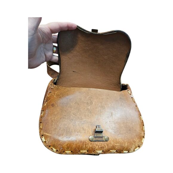 Vintage Hand Tooled Leather Bag Purse Shoulder Bag Brown - Picture 8 of 13